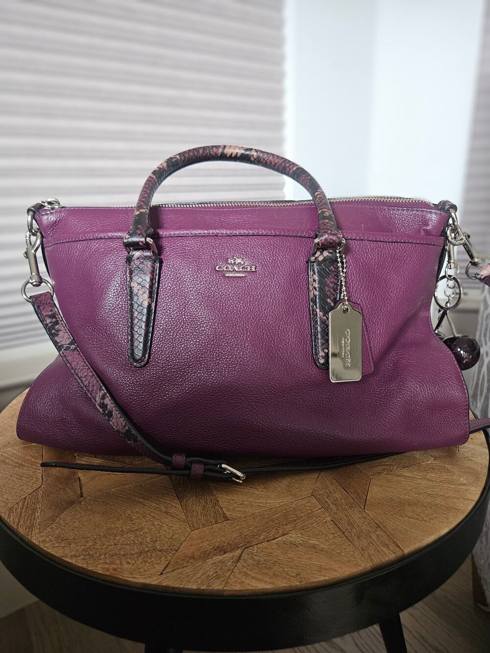 Coach Morgan Convertible Satchel in Plum leather with python-embossed trim F3588